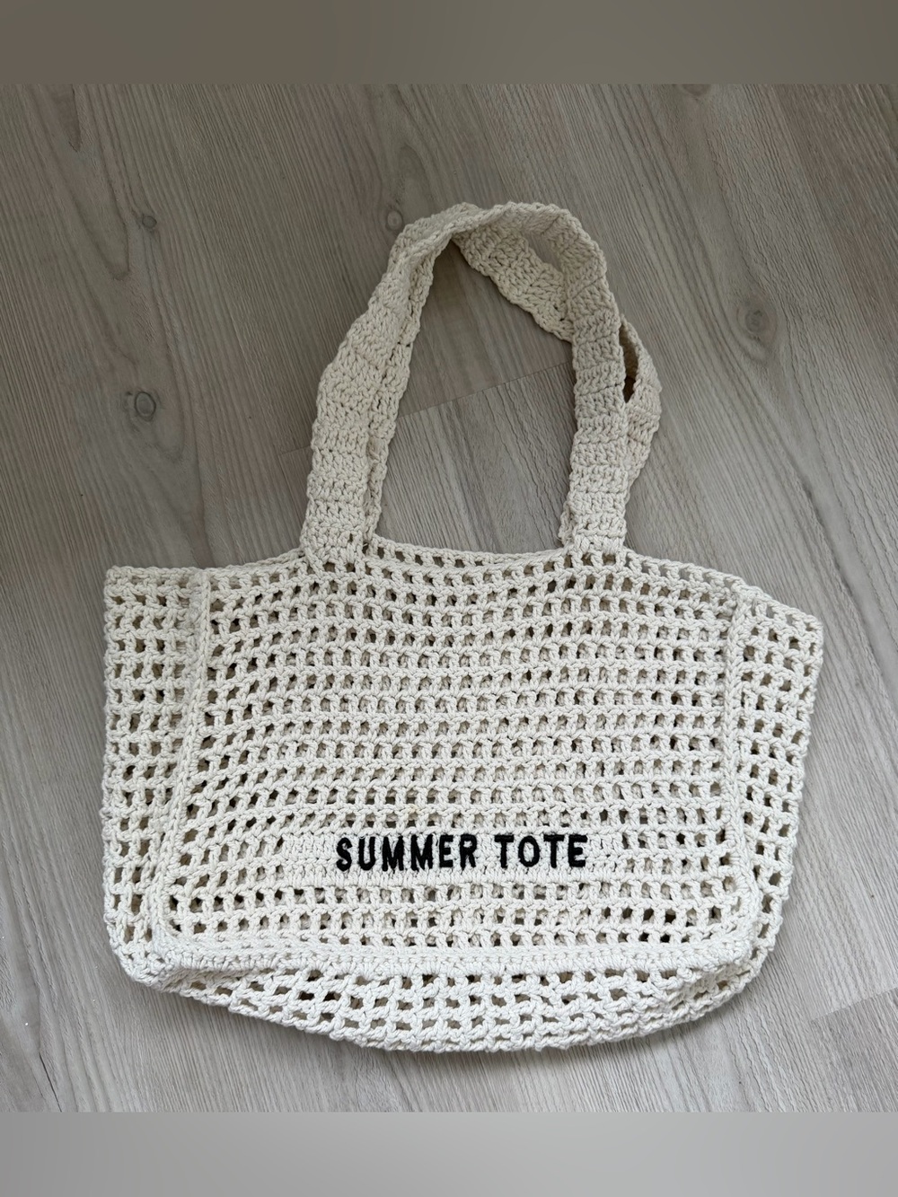 Cream Crochet Summer Tote Bag with Embroidered Logo
